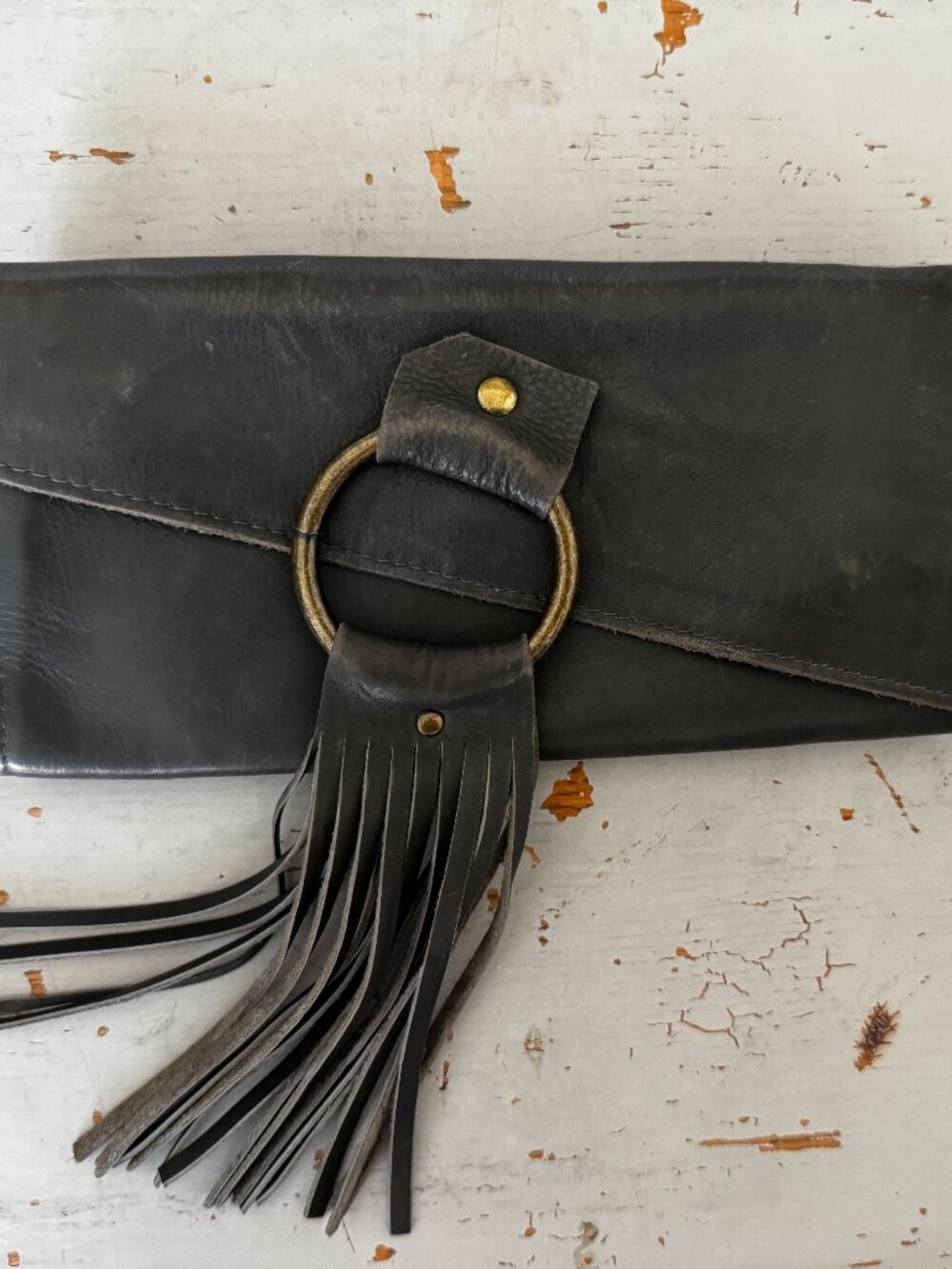 Lisa Leonard Your Heart in Mine Boho Fringe Leather Wallet Clutch Grey OS